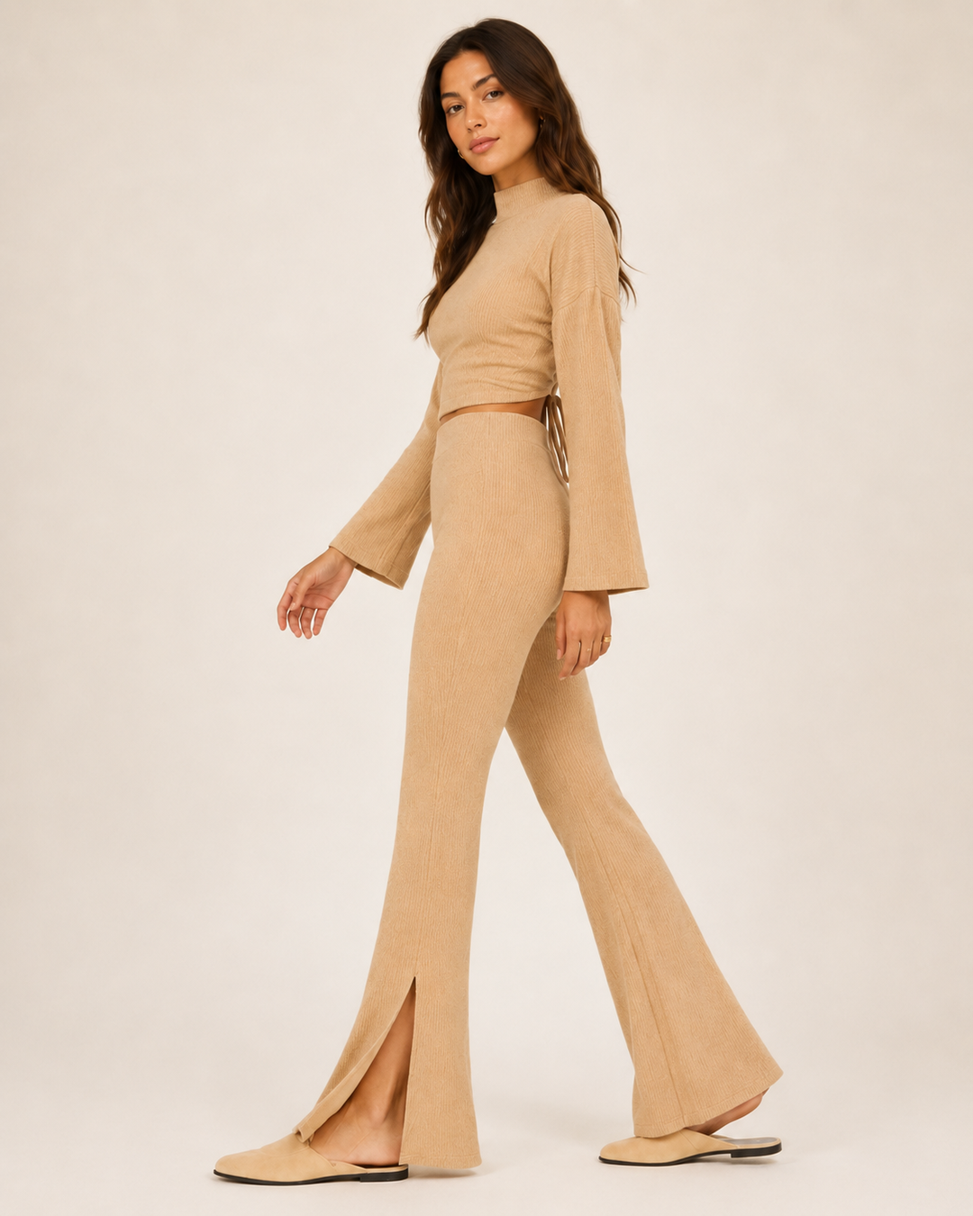 Ribbed Textured Flare Pants With Slits - Camel