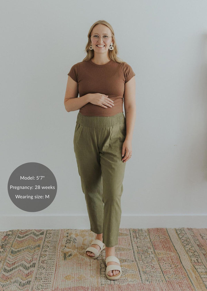 Adult Plus Size Transitional Maternity Smocked Linen Pant - Olive
