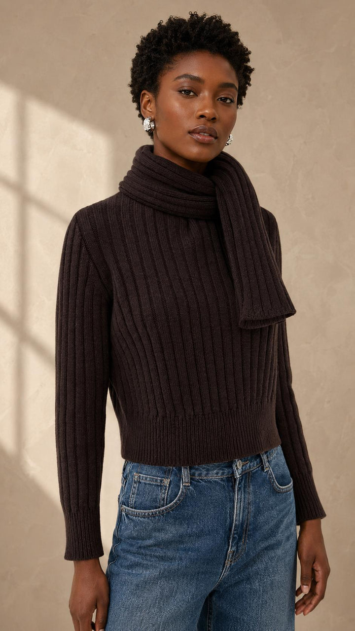 The Ryan Ribbed Scarf Cashmere Sweater - Chocolate Brown