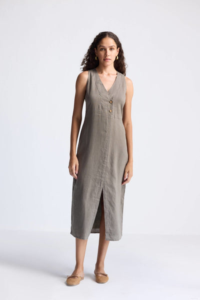 Straight Dress With Front Slit In Hemp - Dark Green