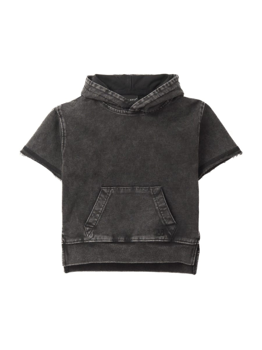 Imperfect Acid Wash Short Sleeve Hoodie - Black - Hoodie