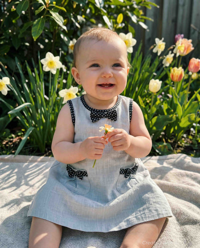 Infant Shift Dress With Polka Dot Piping - Baby Blue - Dresses