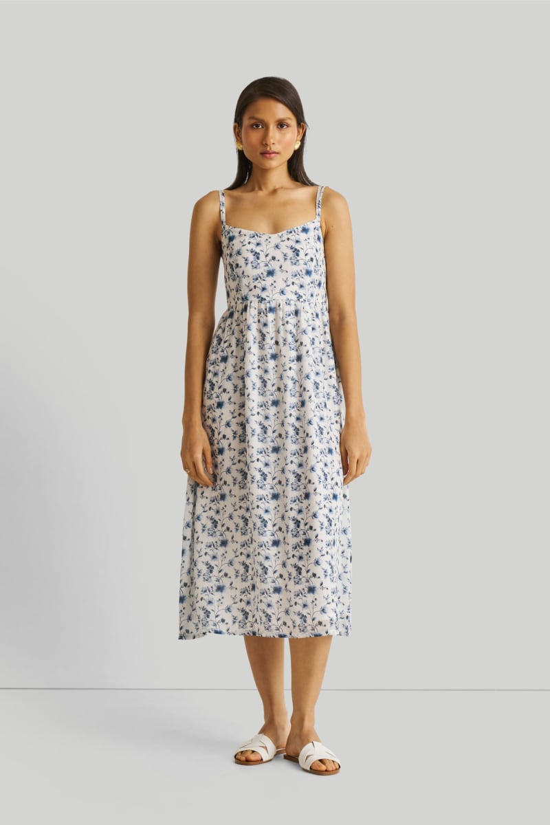 Strappy Gathered Floral Midi Dress - Wisteria Whimsy