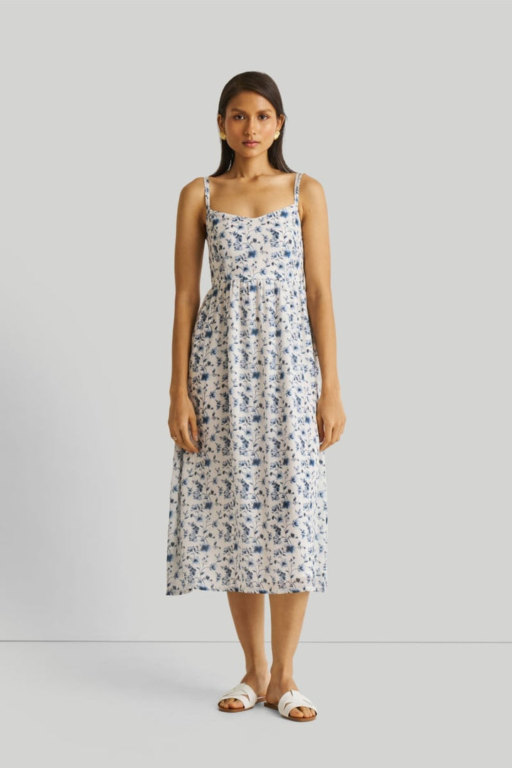 Strappy Gathered Floral Midi Dress - Wisteria Whimsy