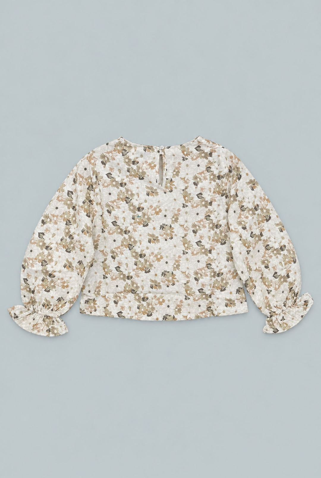 Kid's Cropped Floral Blouse With Cinched Sleeves - Tan Combo