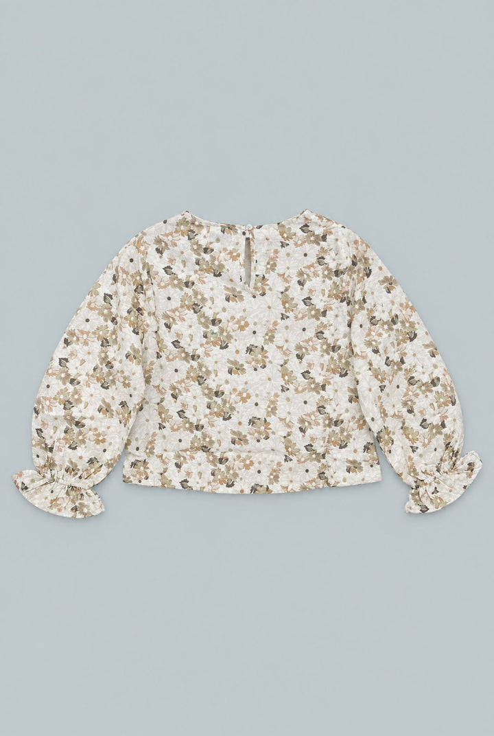 Kid's Cropped Floral Blouse With Cinched Sleeves - Tan Combo