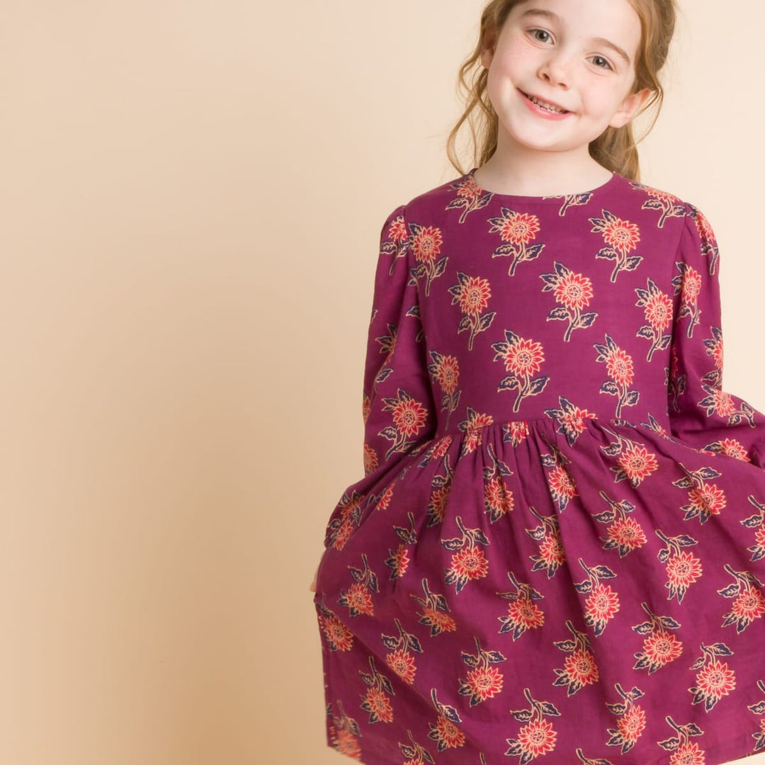 Girls' Long Sleeve Dress With Floral Motif - Purple & Red