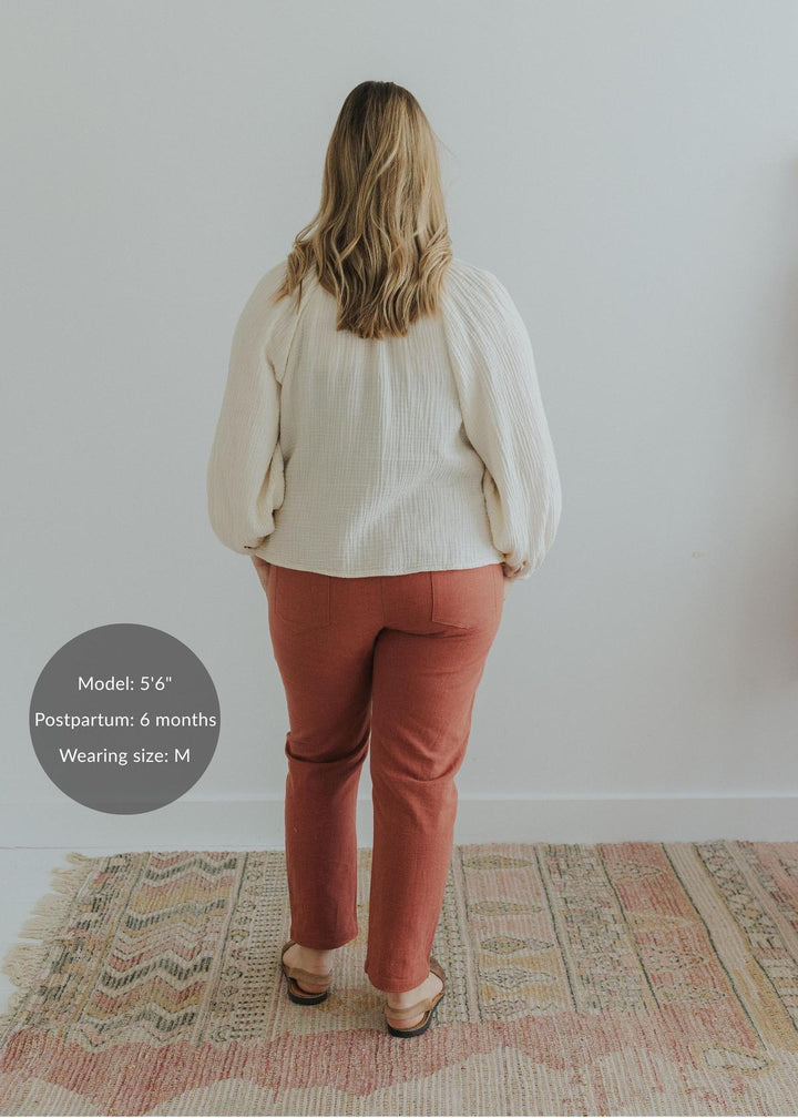 Everyday Transitional Maternity Smocked Linen Pant - Cinnamon