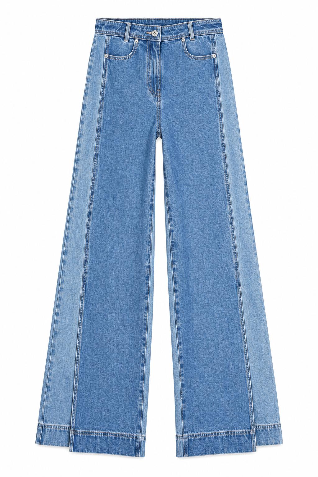 Two-Toned Wide Leg Denim With Slits - Medium Blue