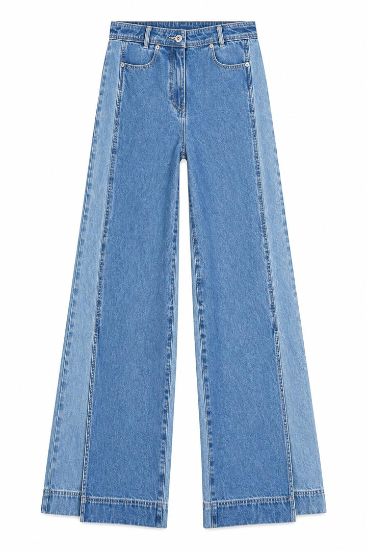 Two-Toned Wide Leg Denim With Slits - Medium Blue