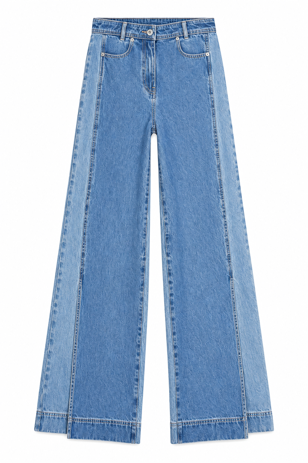 Two-Toned Wide Leg Denim With Slits - Medium Blue