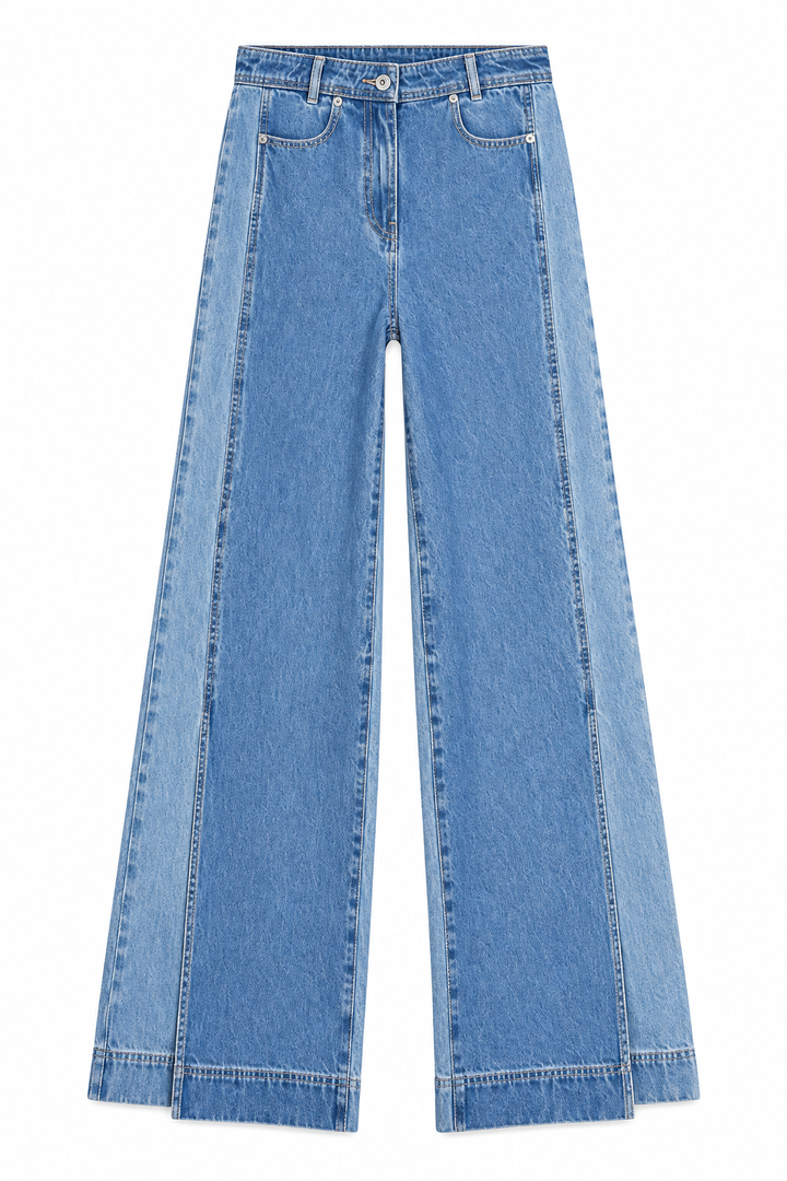 Two-Toned Wide Leg Denim With Slits - Medium Blue