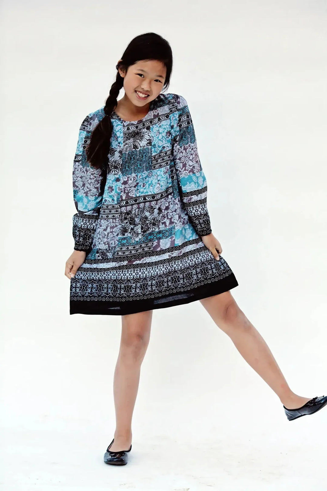 Patchwork Print Dress - Black & Teal