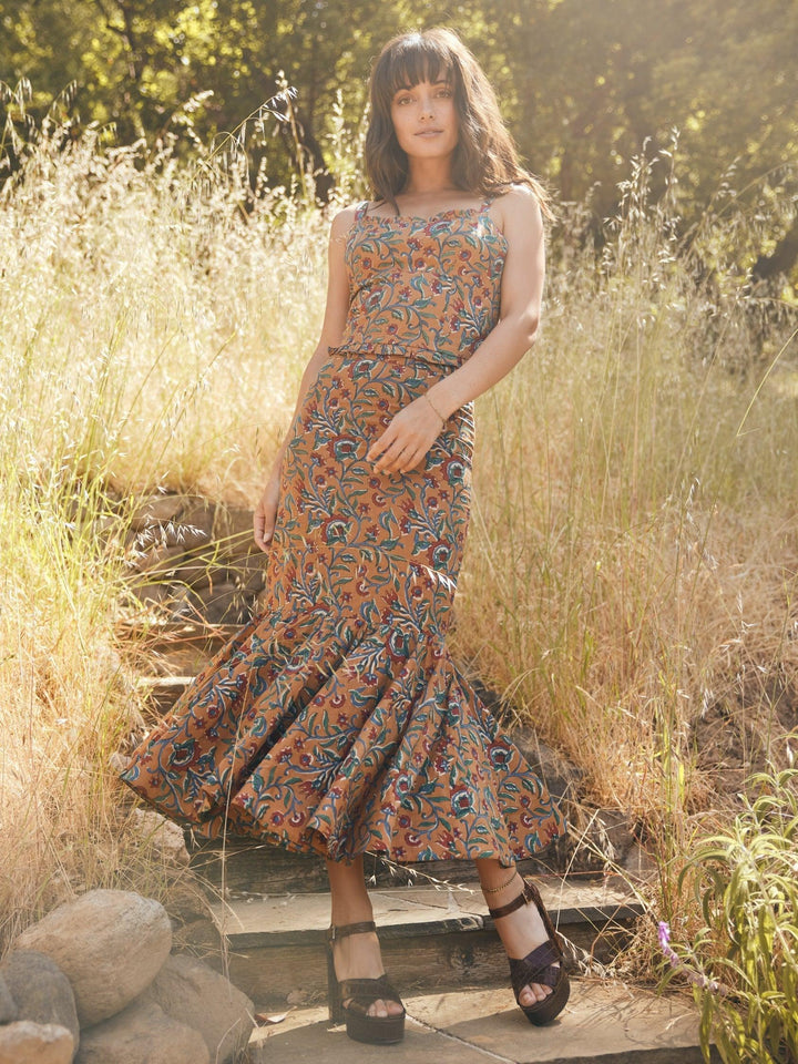 Patsy Fluted Pencil Skirt - Tawny/Multicolor Floral print