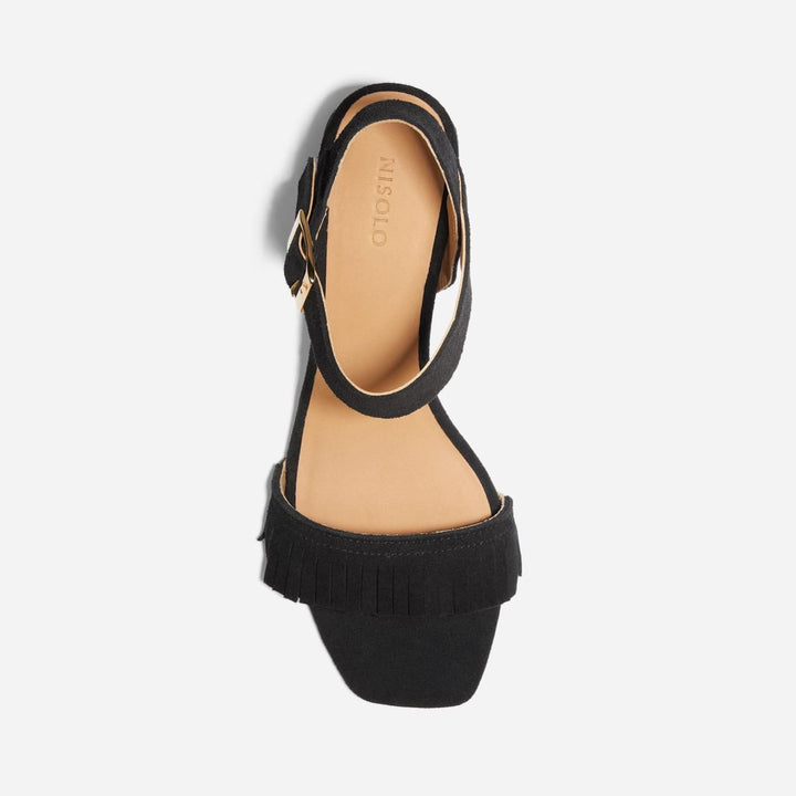 Stella Fringe Heel Sandal - Black Suede