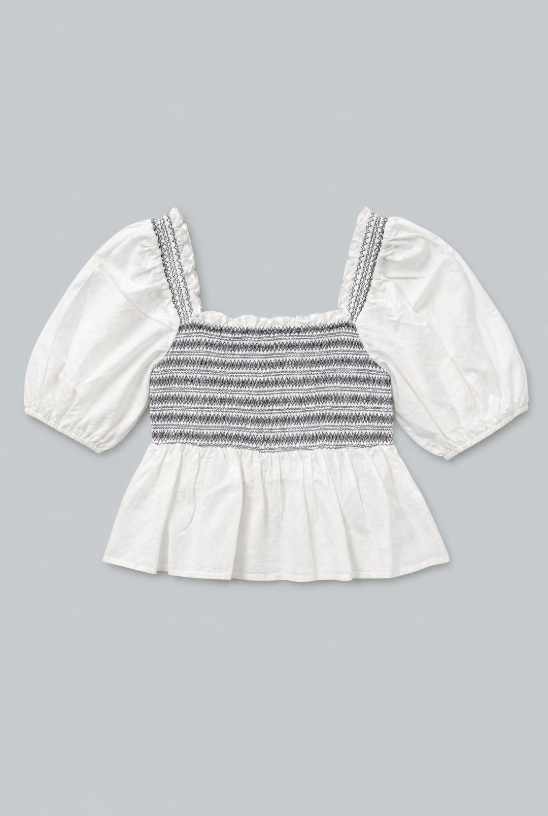 Smocked Puff Shoulder Top - White