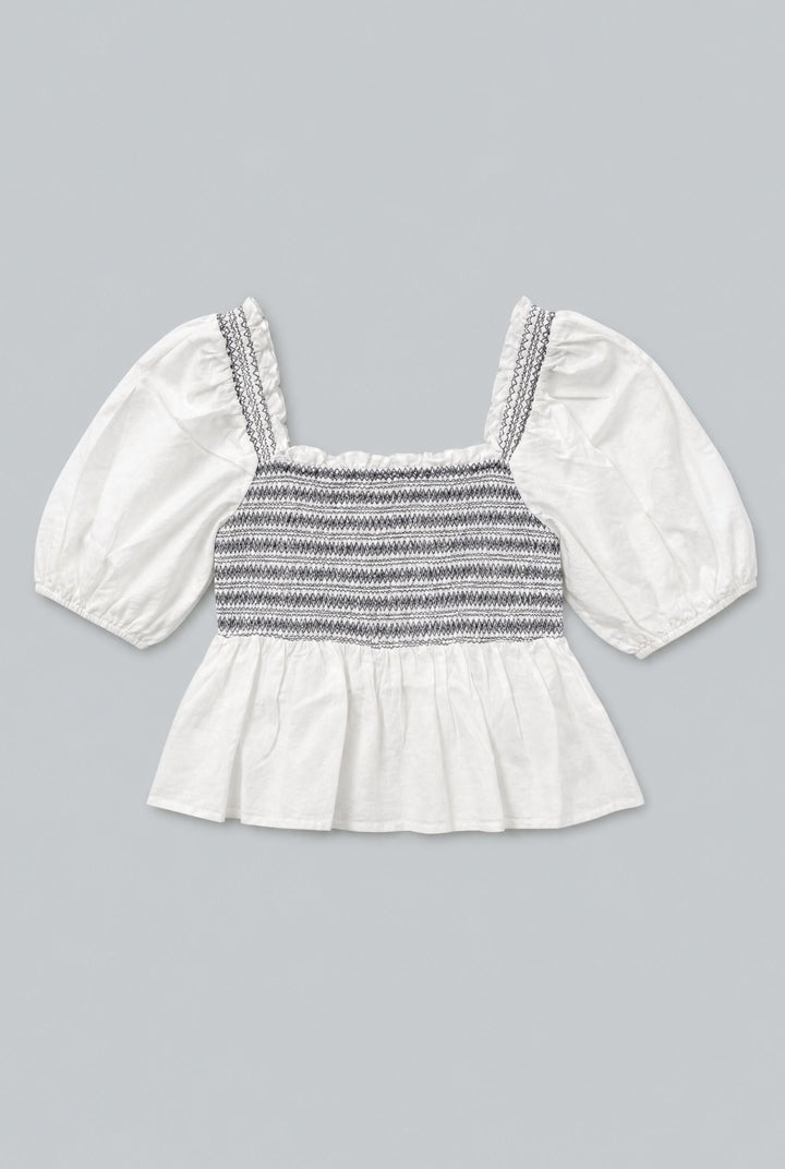 Smocked Puff Shoulder Top - White