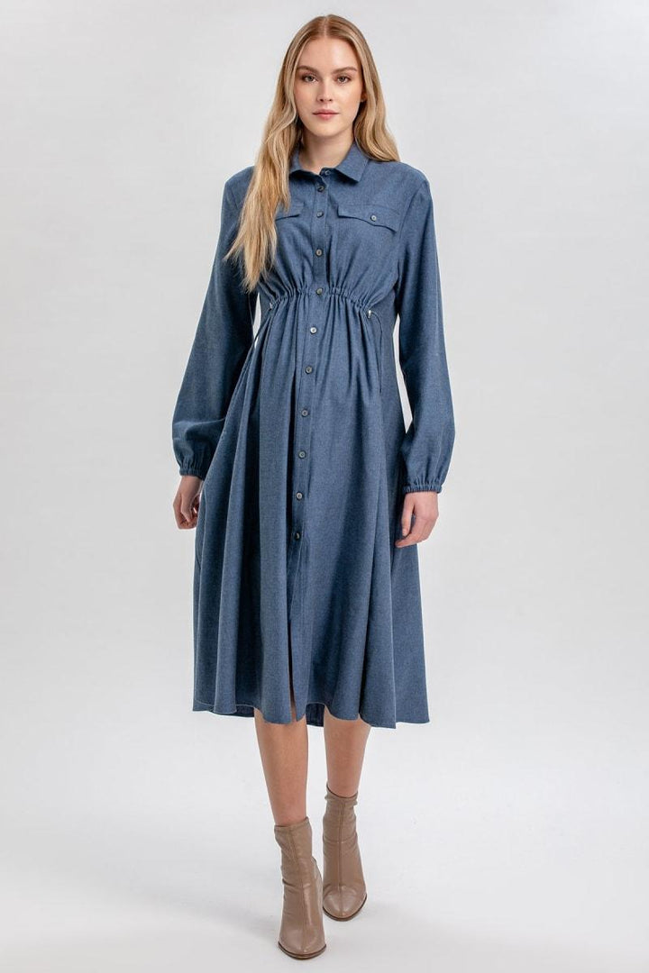 ERICA Midi Long-Sleeve Maternity Shirt Dress - Avion Blue