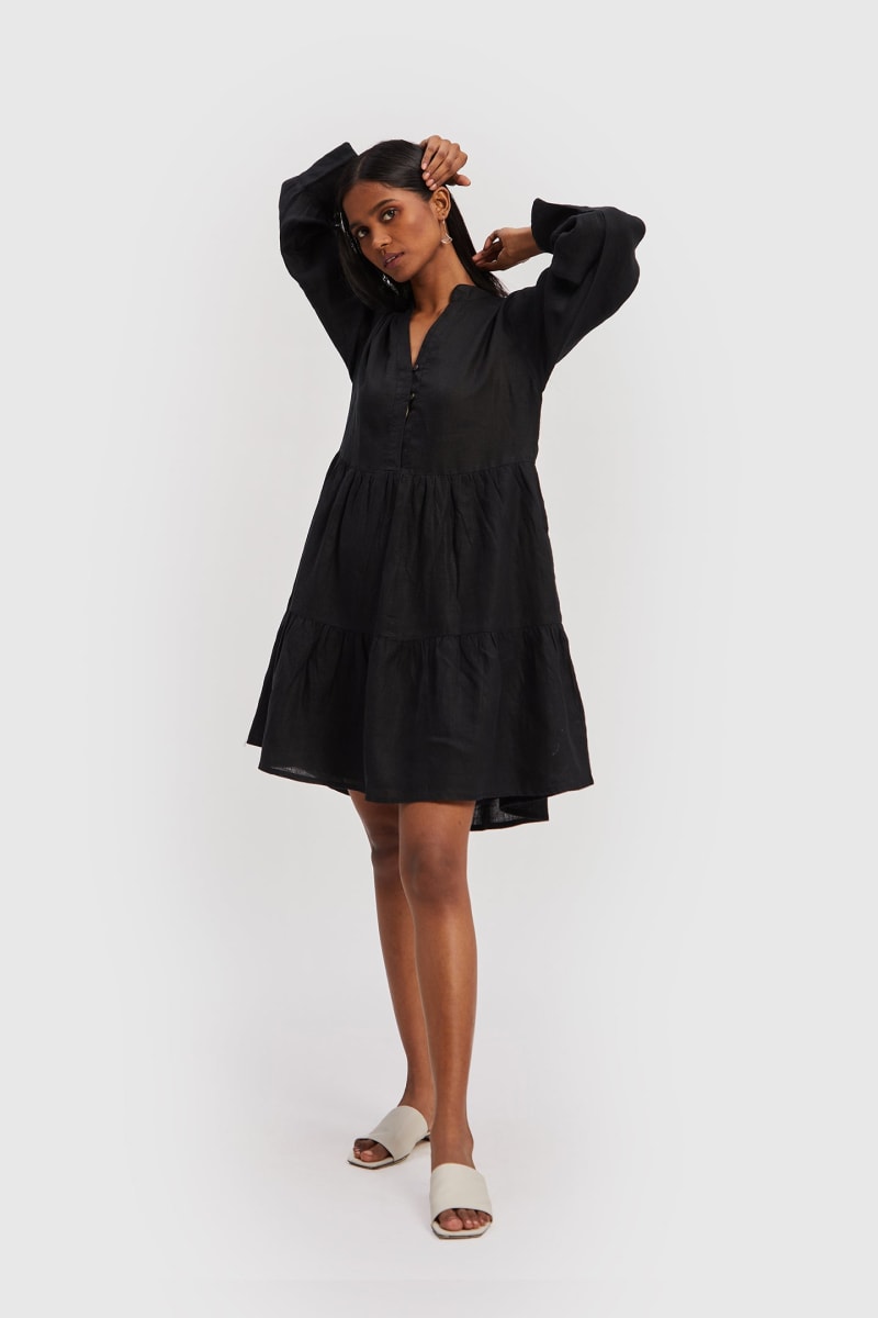 V-Neck Tiered Dress - Black