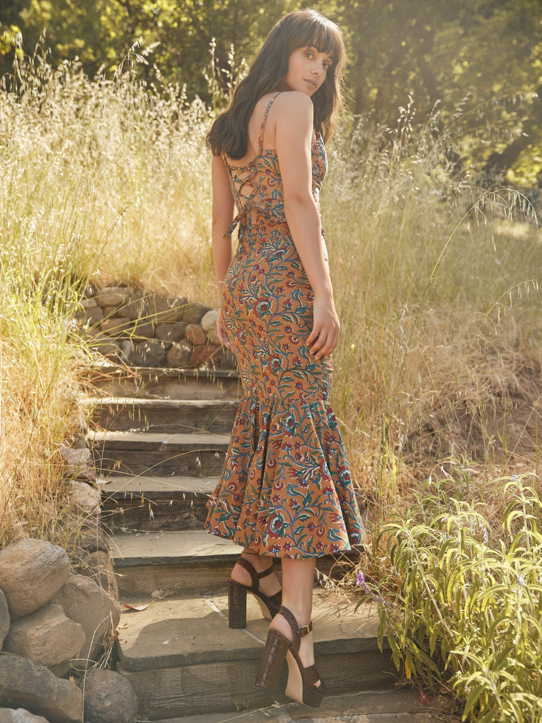 Patsy Fluted Pencil Skirt - Queen Blue/Mini Alabaster Floral print