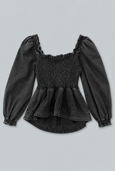 Smocked Puff Sleeve Top - Washed Black