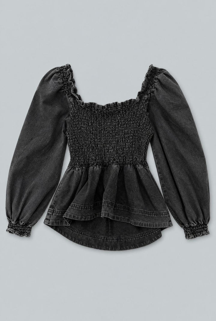 Smocked Puff Sleeve Top - Washed Black