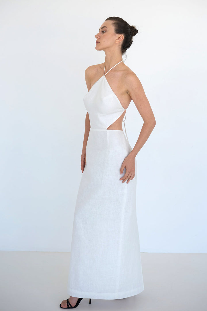 Anne Openback Linen Dress - White