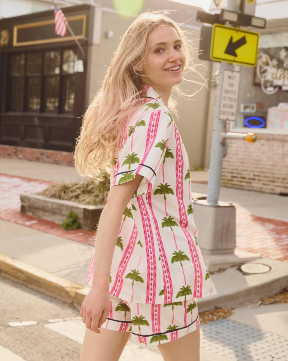 Tropical Palm Pajama Shorts Set - Pink Green