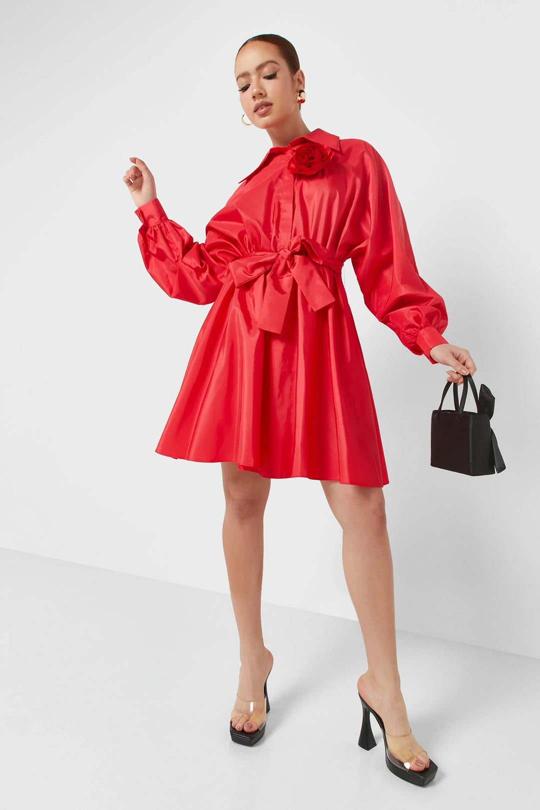 Belted Taffeta Dress - Red