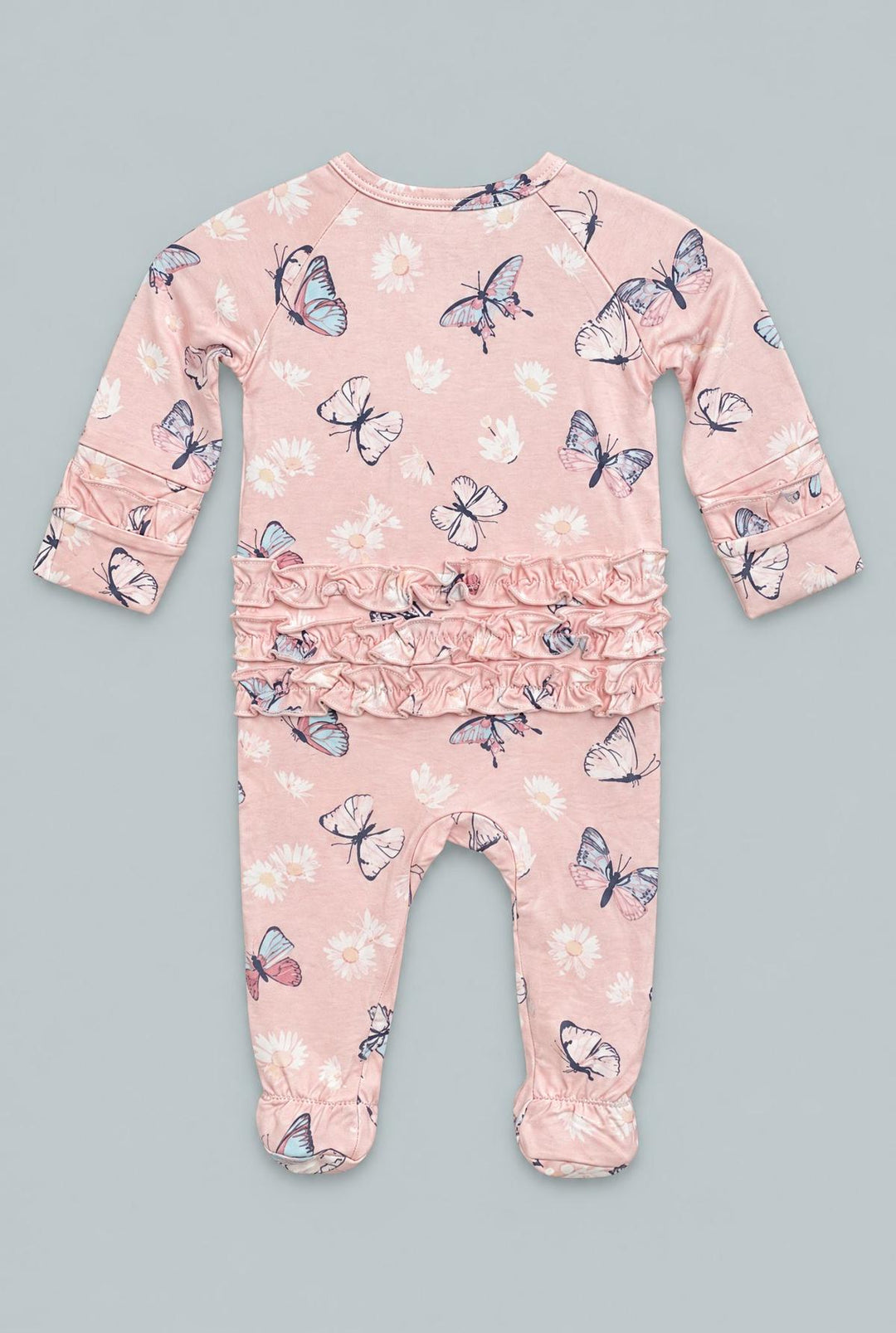 Butterfly Daisy Bamboo Ruffle Footie - Butterfly Daisy Pink