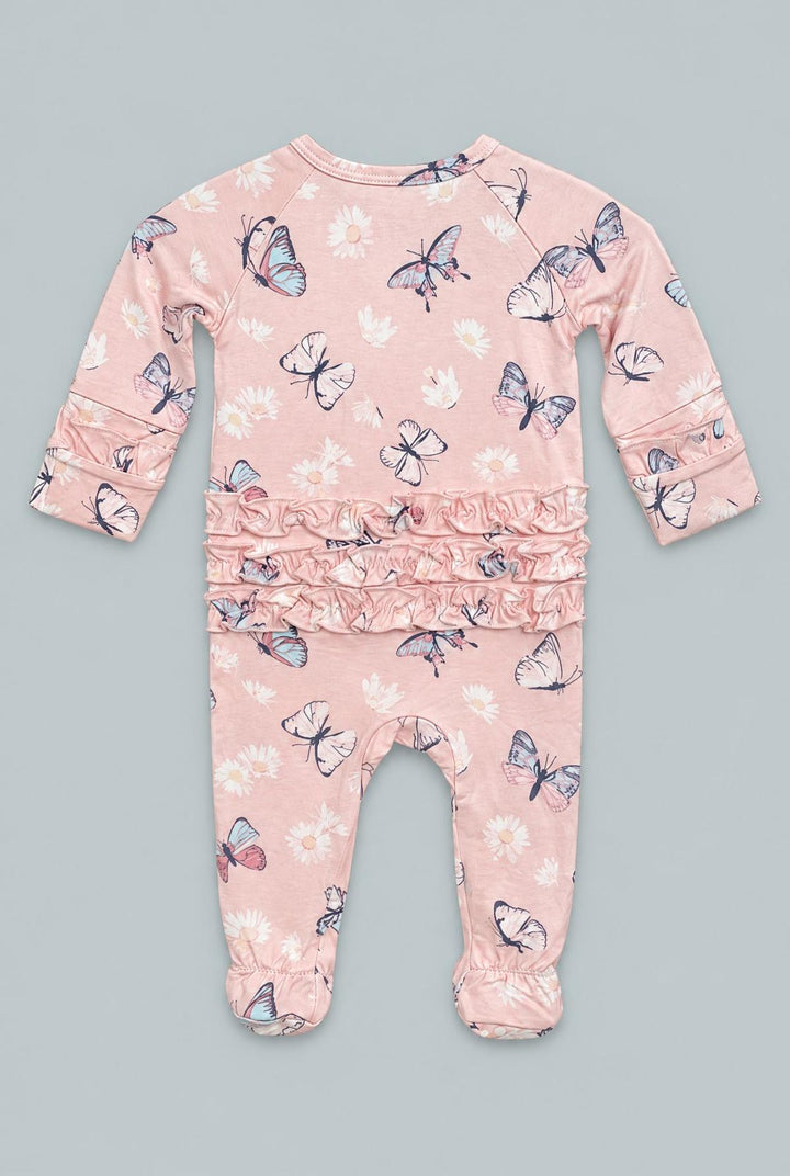 Butterfly Daisy Bamboo Ruffle Footie - Butterfly Daisy Pink