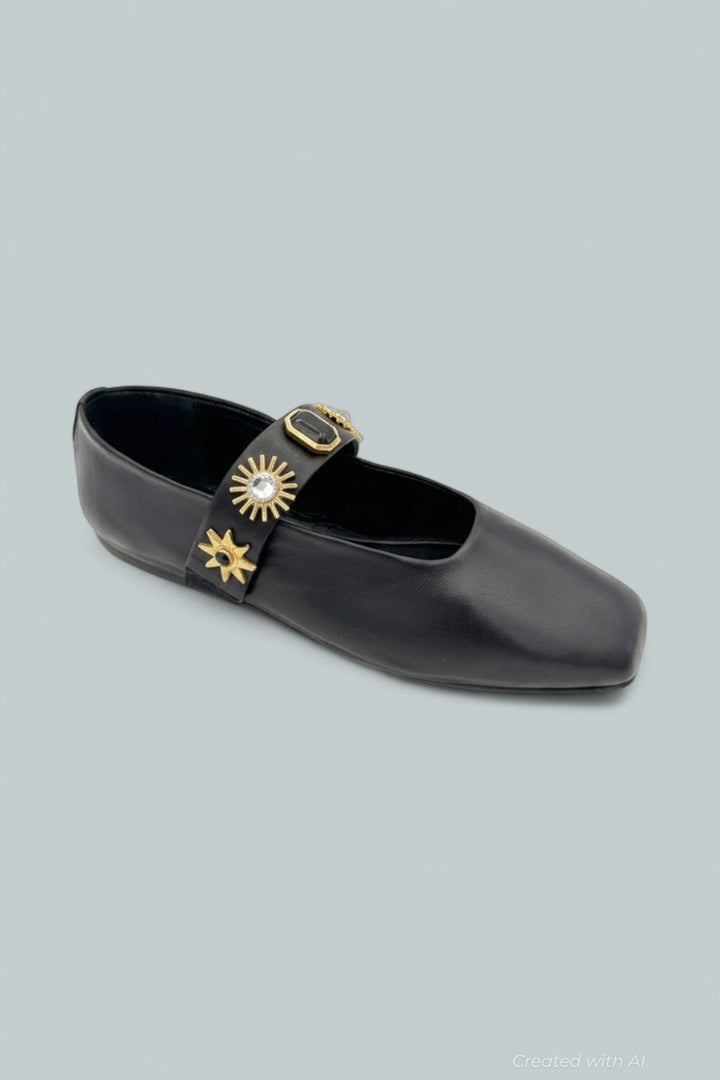 Jasmine Embellished Leather Flats - Black Embe - 6.5 - Mary Jane