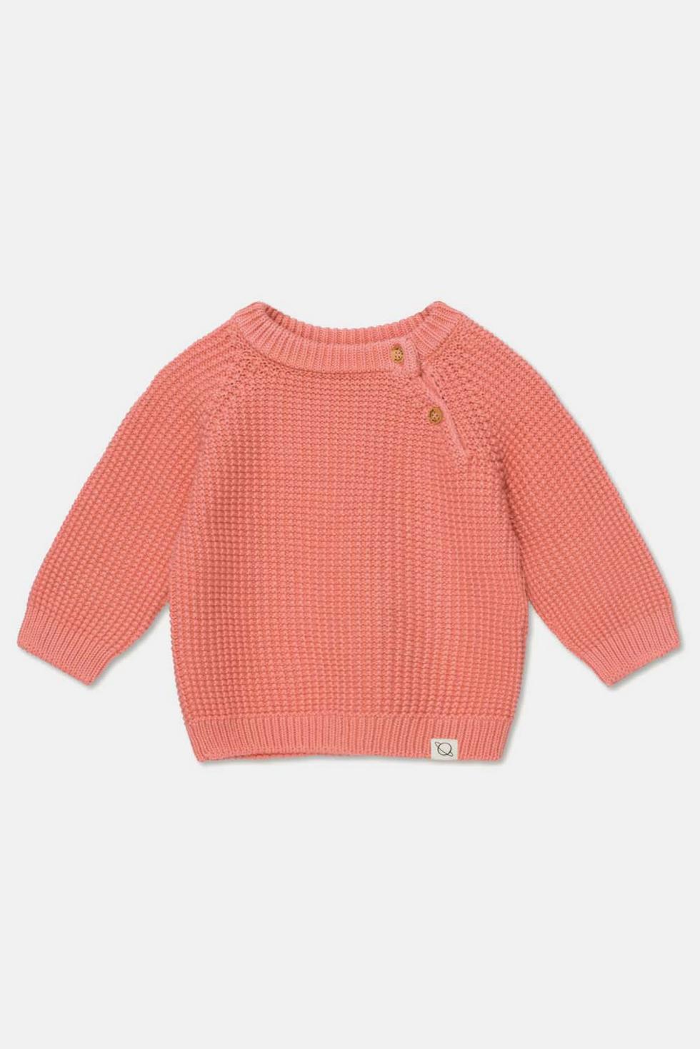 Waffle-knit raglan baby pullover - Coral