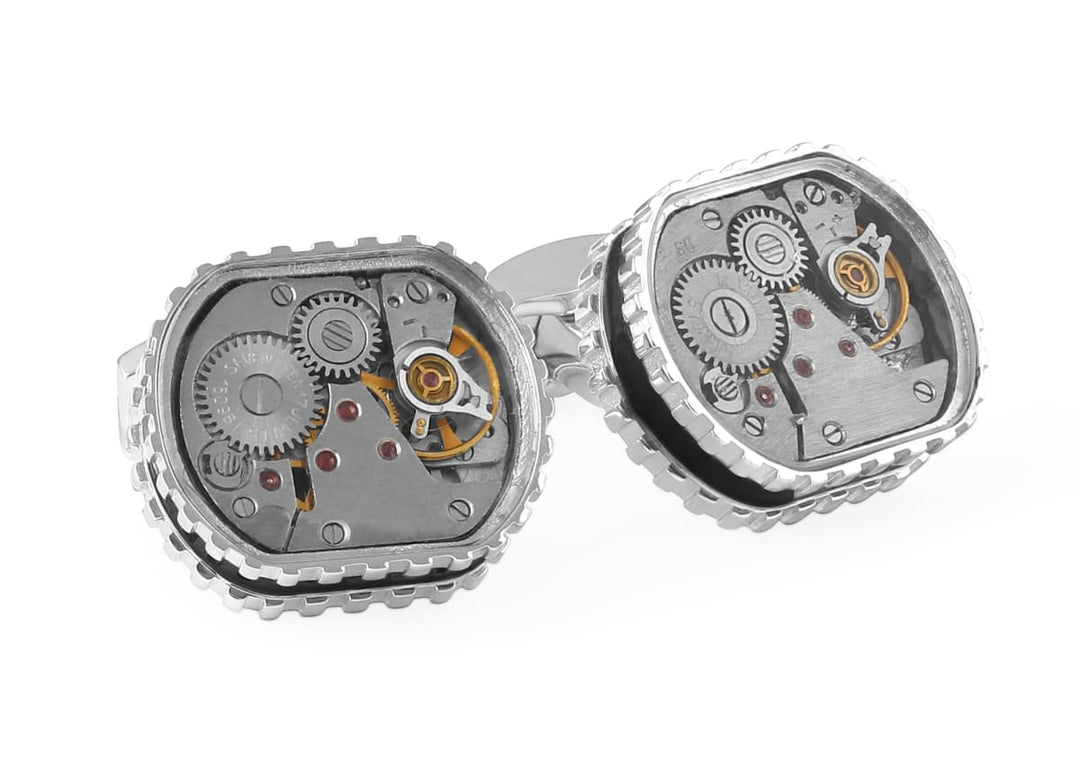 Tonneau Skeleton Gear Cufflinks - Rhodium Plated - Black