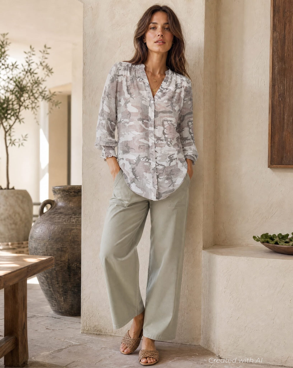 Jenny Collarless Shirt - Grey Camo - Button Down Shirt
