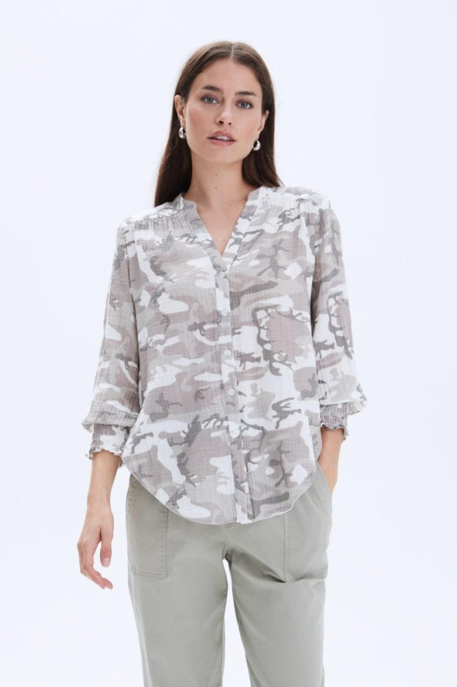 Jenny Collarless Shirt - Grey Camo - Button Down Shirt