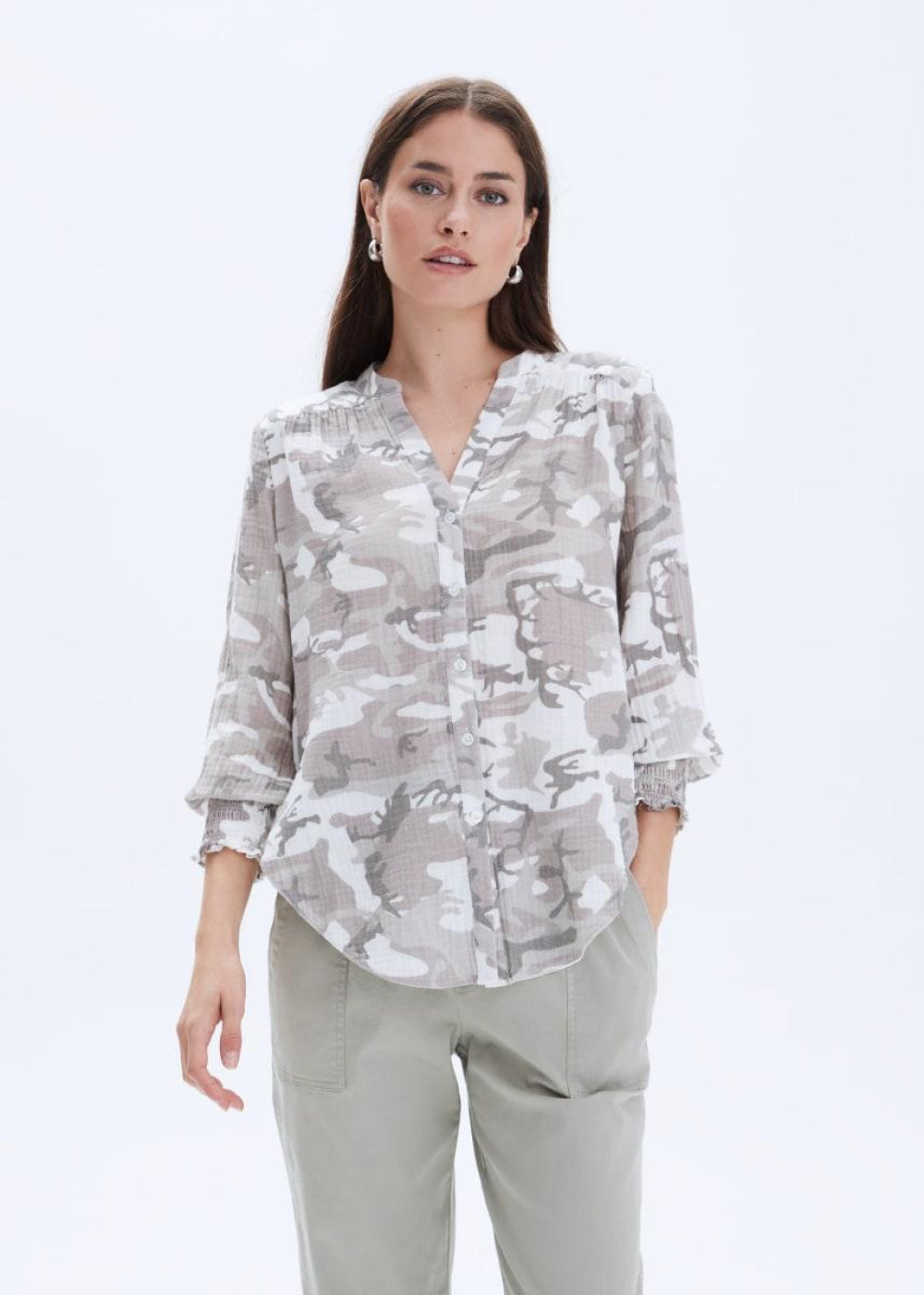 Jenny Collarless Shirt - Grey Camo - Button Down Shirt