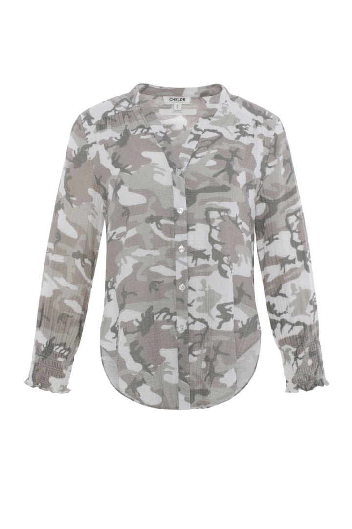 Jenny Collarless Shirt - Grey Camo - Button Down Shirt