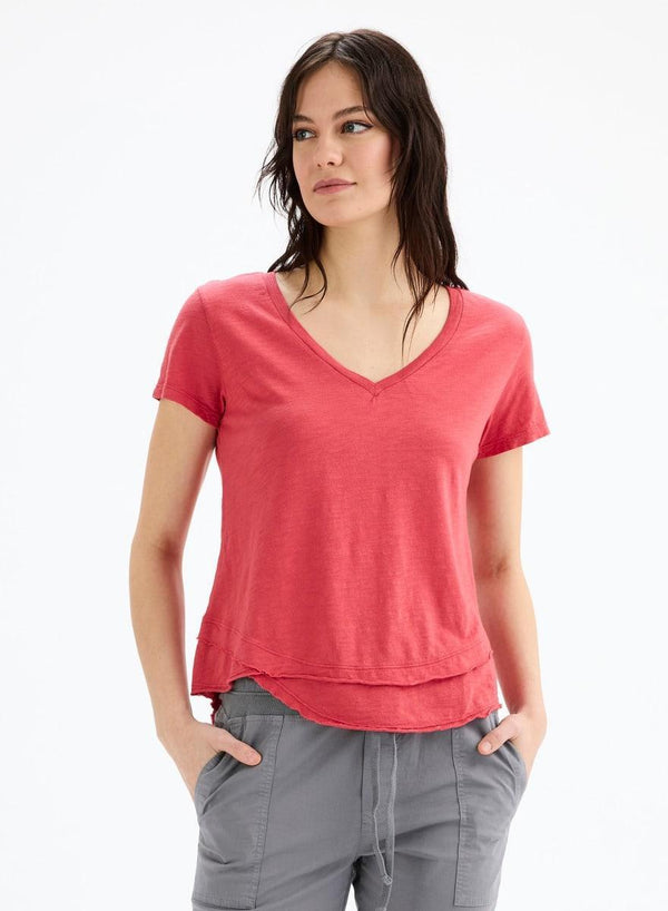 Ava V-Neck Mock Layer T-Shirt - Hibiscus