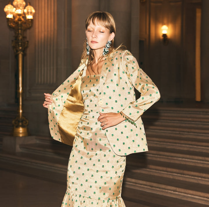 Desirae Embroidered Beaded Blazer - Light Gold/Mini Geometric Floral embroidery