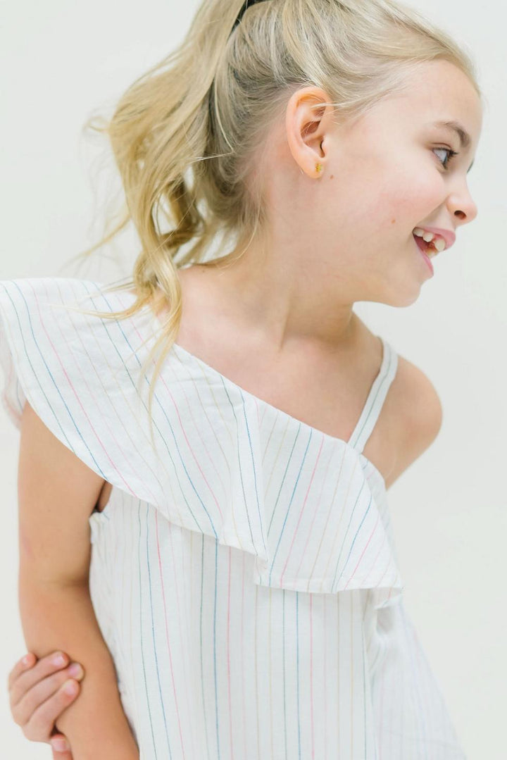 Baby One Shoulder Flounce Dress - Rainbow Pencil Stripe