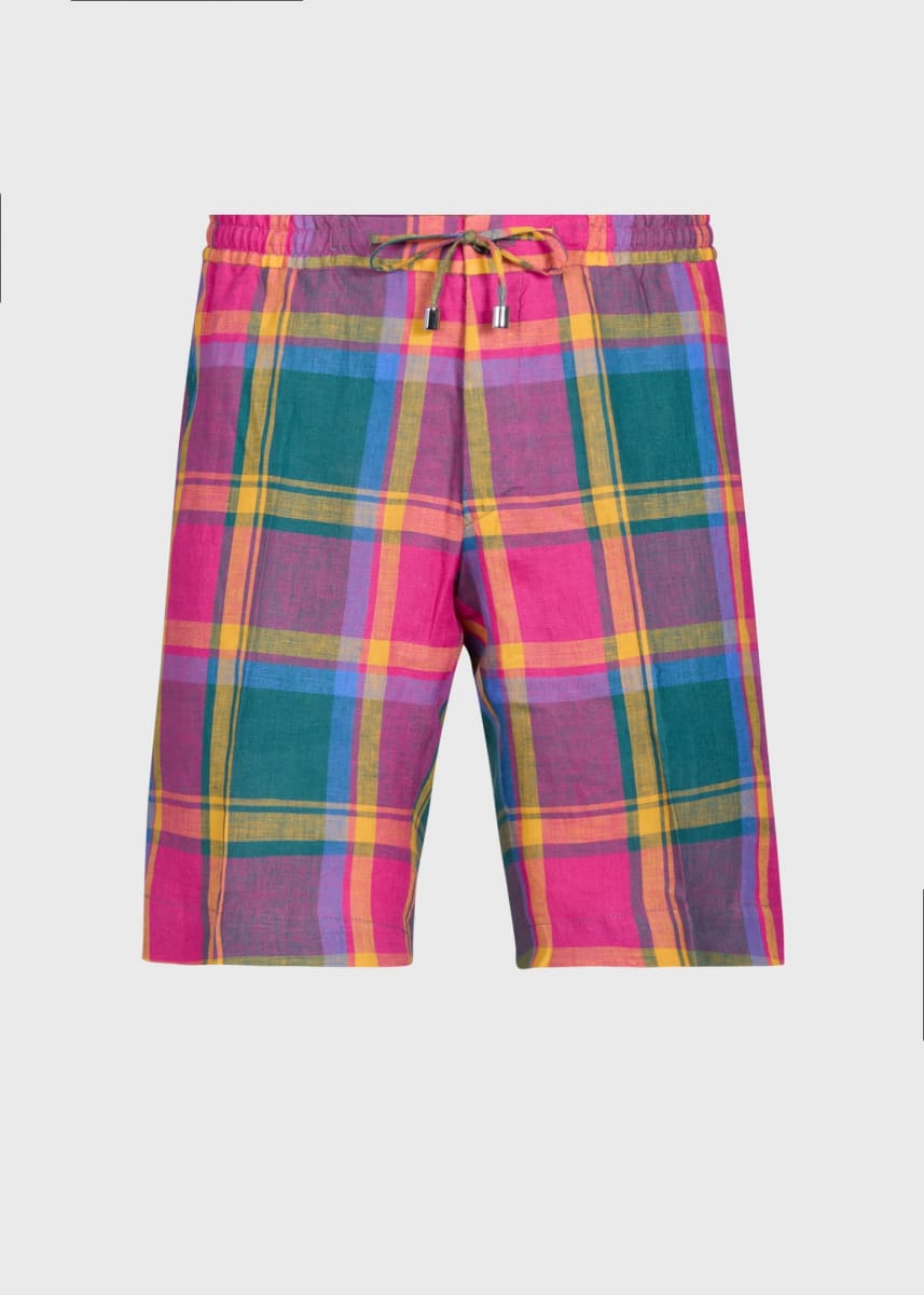 Linen Plaid Walk Shorts - Green Multi