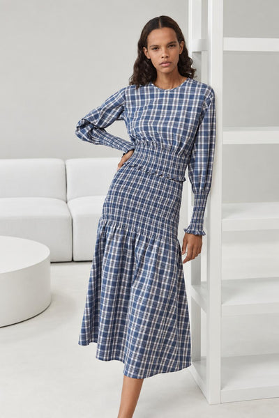 Blanche Smocked Midi Dress - Blue/White