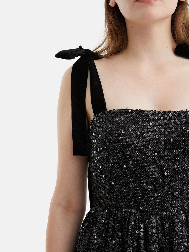 Sequined Flowy Mini Dress - Black