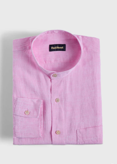Washed Linen Stand Collar Shirt - Pink