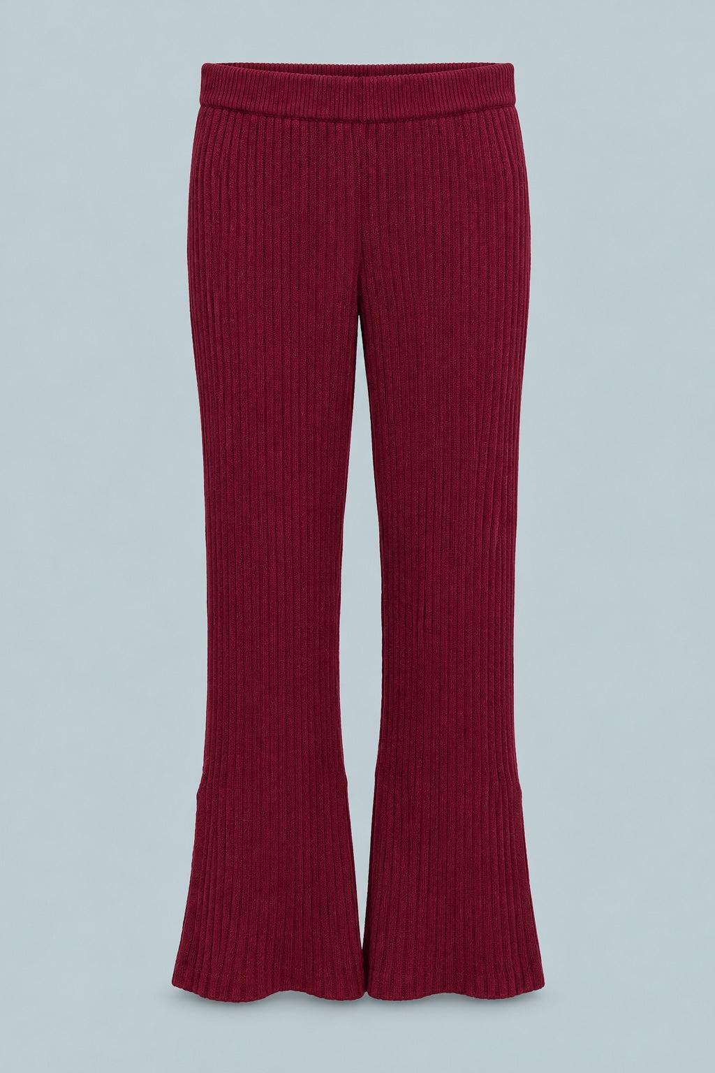 Ribbed Knitted Flare Pants - Burgundy
