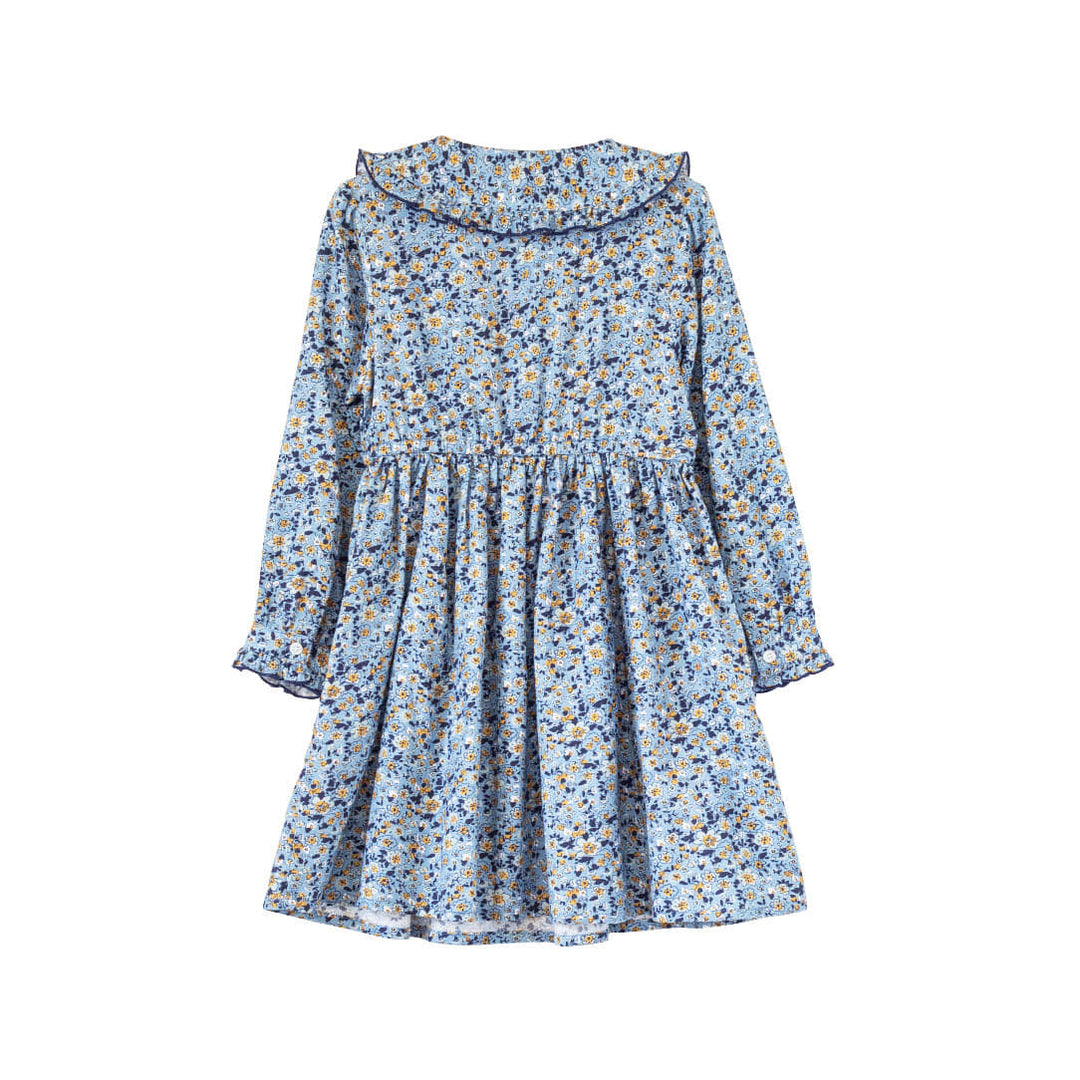 Girls Adelaide Velvet Tie Dress - Blue And Mustard Wildflowers