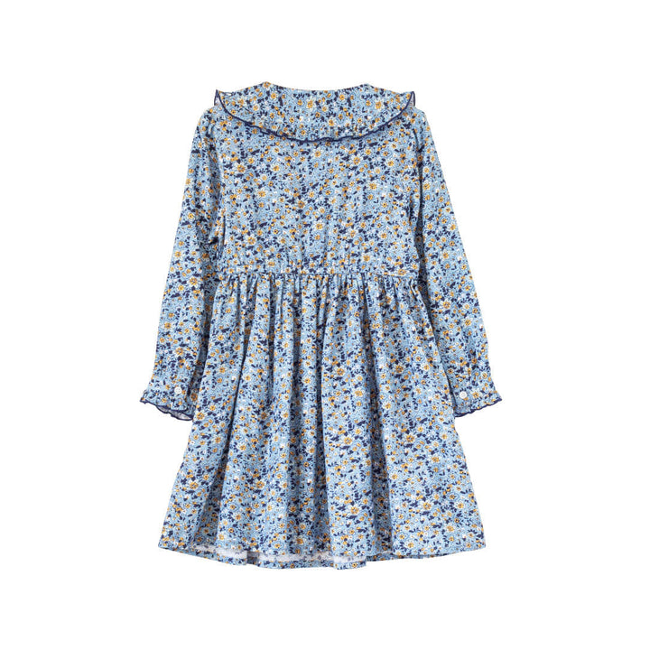 Girls Adelaide Velvet Tie Dress - Blue And Mustard Wildflowers