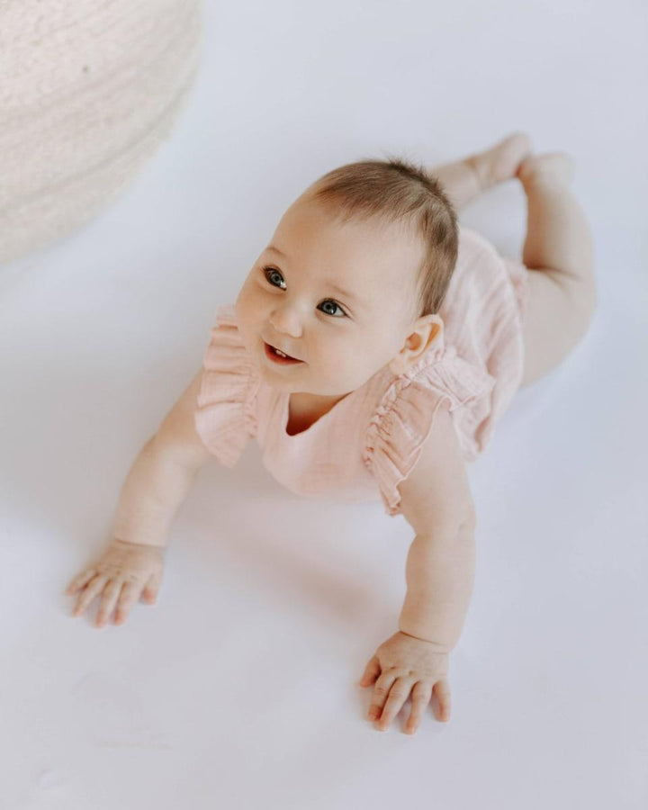 Organic Cotton Muslin Flutter Sleeve Bubble Romper - Orchid Pink