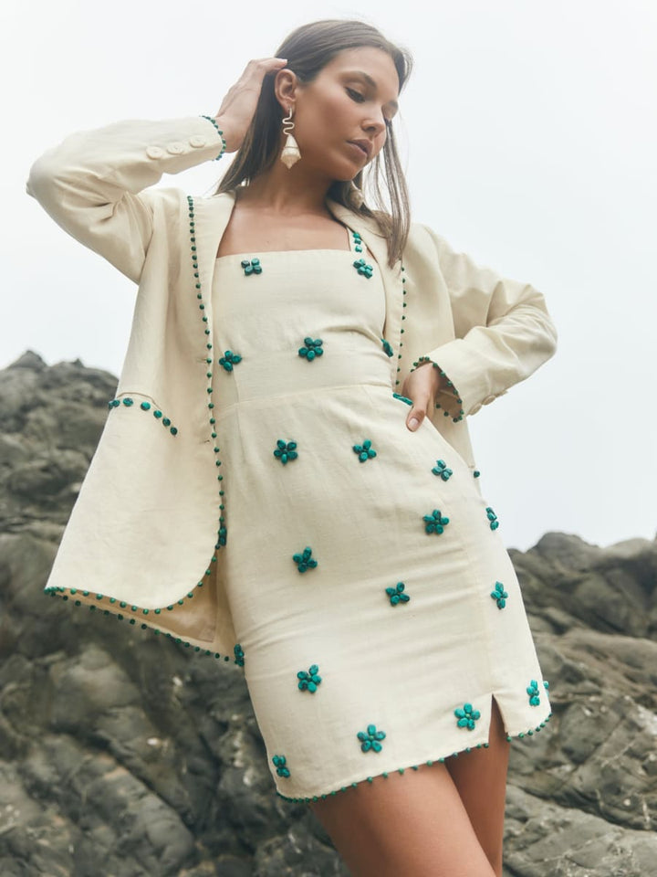 Maria Mini Dress - Ivory & Turquoise